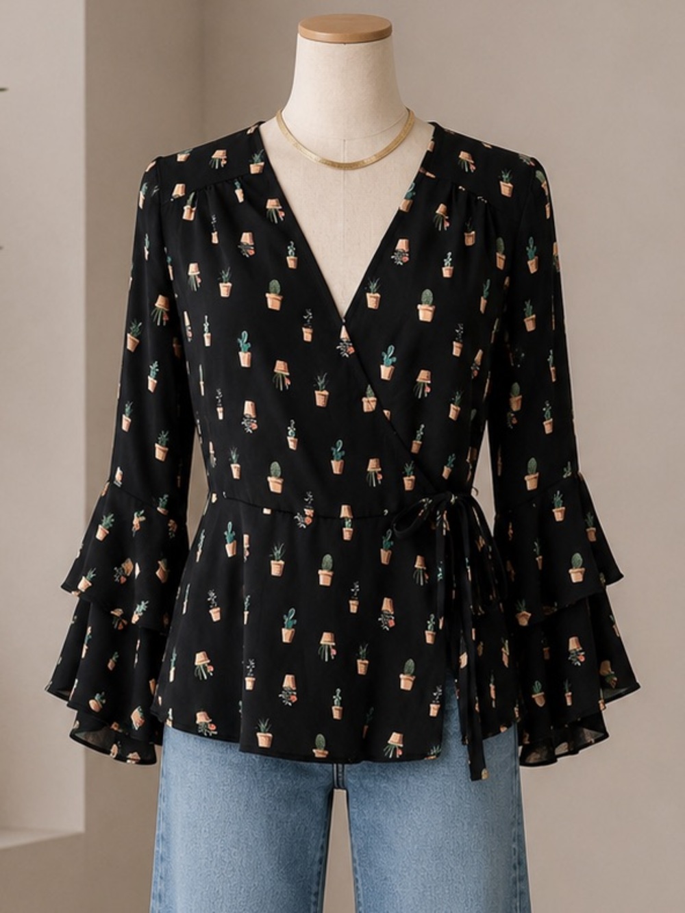 Black Floral Cactus Wrap Blouse - Women Tops